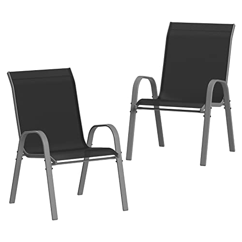 Amopatio 2er Set Gartenstühle Stapelbar, Hochlehner Stapelstühle aus Textilene und Metallgestell, Terrassenstühle Balkonstuhl mit Armlehnen Wetterfest, 60 x 72 x 96 cm, Schwarz