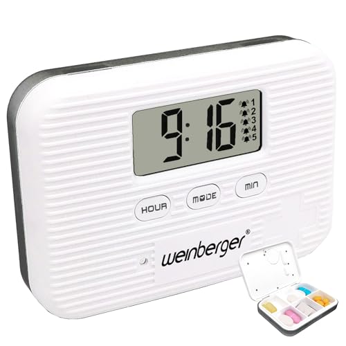 Weinberger Tablettenbox mit Vibrations- und Akustikalarm, 6 Fächer, 5 tägliche Alarmzeiten, kompakt und leicht, ideal für den täglichen Einsatz, 02263