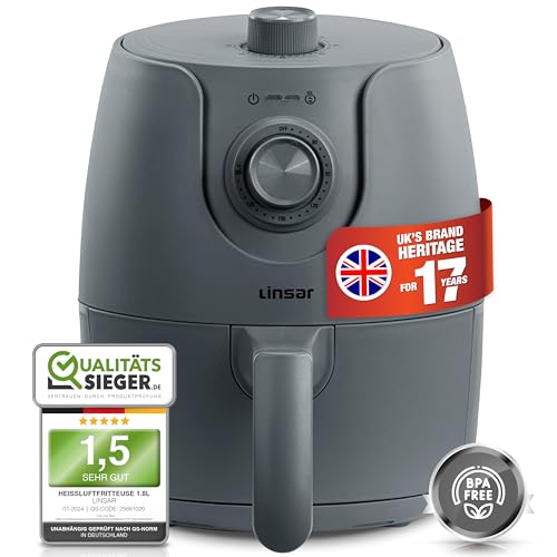Linsar - Mini Heißluftfritteuse - 1,8L - Airfryer mit Timer und Warmhaltefunktion - Temperatur wählbar - Energiesparender & schneller als Backöfen - 1200 Watt - Klein (Grau)
