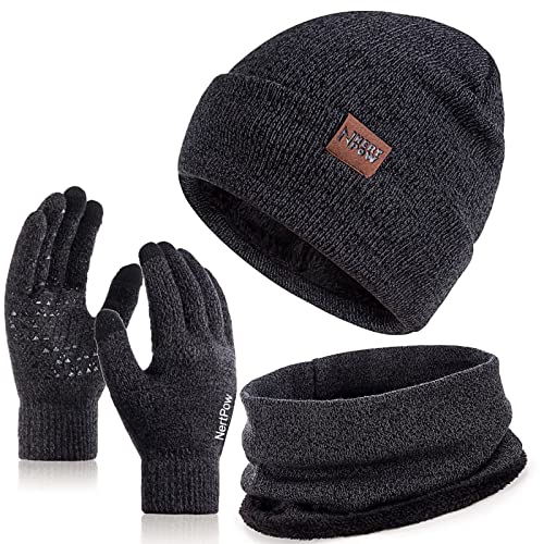 Nertpow Mütze, Schal & Handschuh-Sets für Damen Herren, Touchscreen Winter Beanie Stricken mit Fleece Gefüttert Halswärmer (Schwarz Dunkelgrau)
