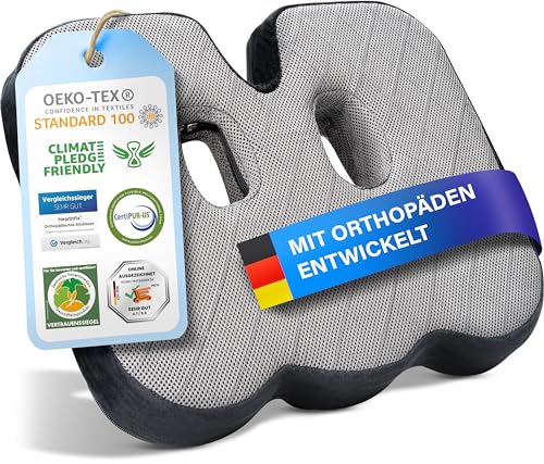 Healthfix® Orthopädisches Sitzkissen für Büro, Auto & Co.- Ergonomisches Sitzen aus Memory Foam mit entlastender Funktion des Steißbeins und der Sitzknochen. Reduziert Schmerzt & erhöht Komfort.